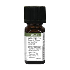 Aura Cacia organic lime oil label closeup for clean beauty.
