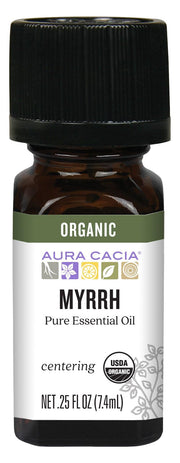Aura Cacia Organic Myrrh Oil bottle in amber glass for pure essential oil use