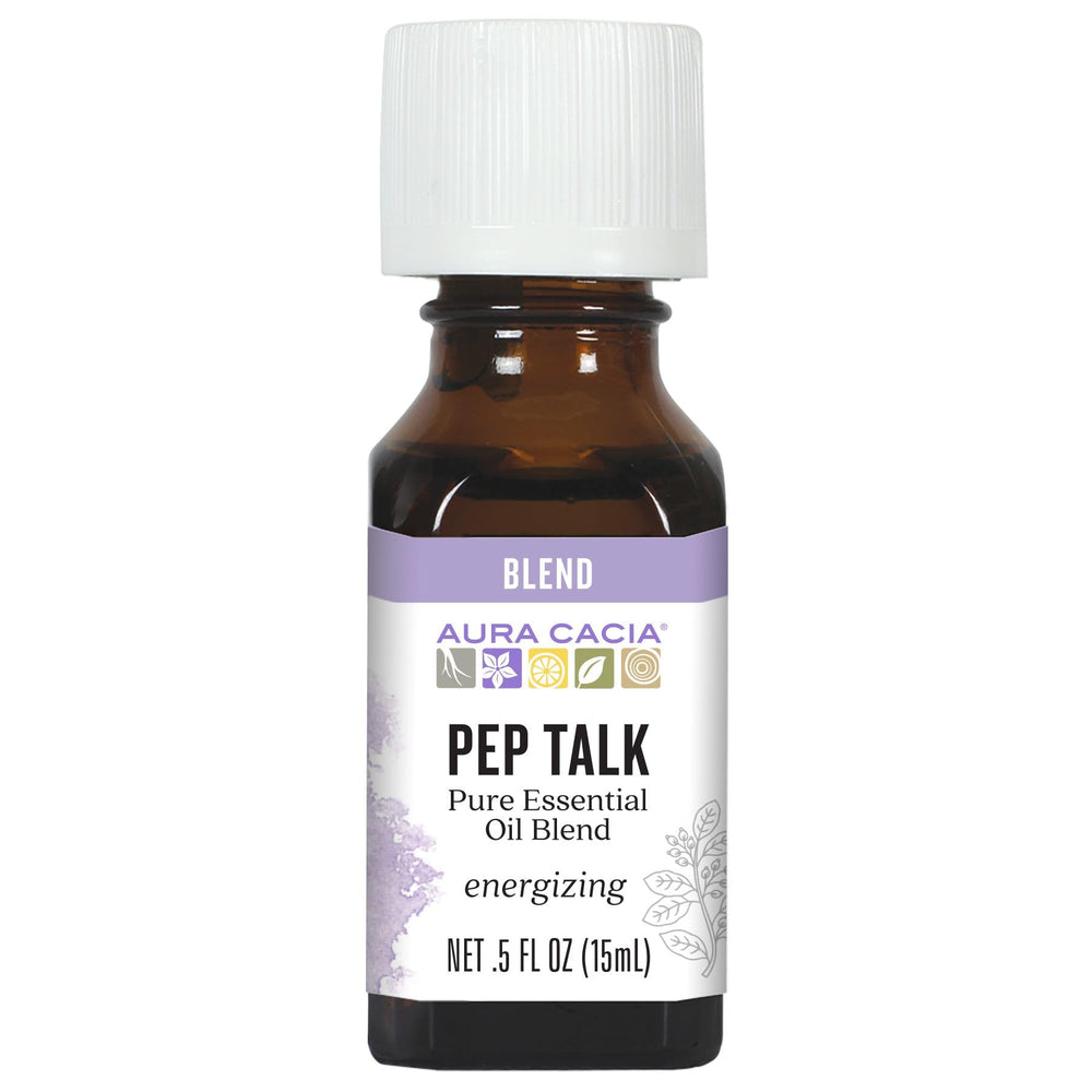 Aura Cacia Pep Talk oil blend bottle front showing the product name