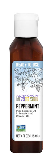 Aura Cacia peppermint oil bottle pour showing ready-to-use application.