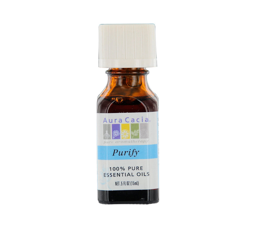 Aura Cacia Purify essential oil blend bottle with a refreshing aroma that uplifts mood.