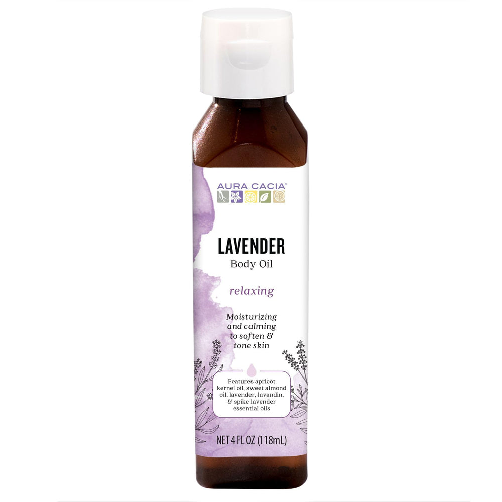 Aura Cacia Relaxing Lavender bottle pour for calming aromatherapy during massage.