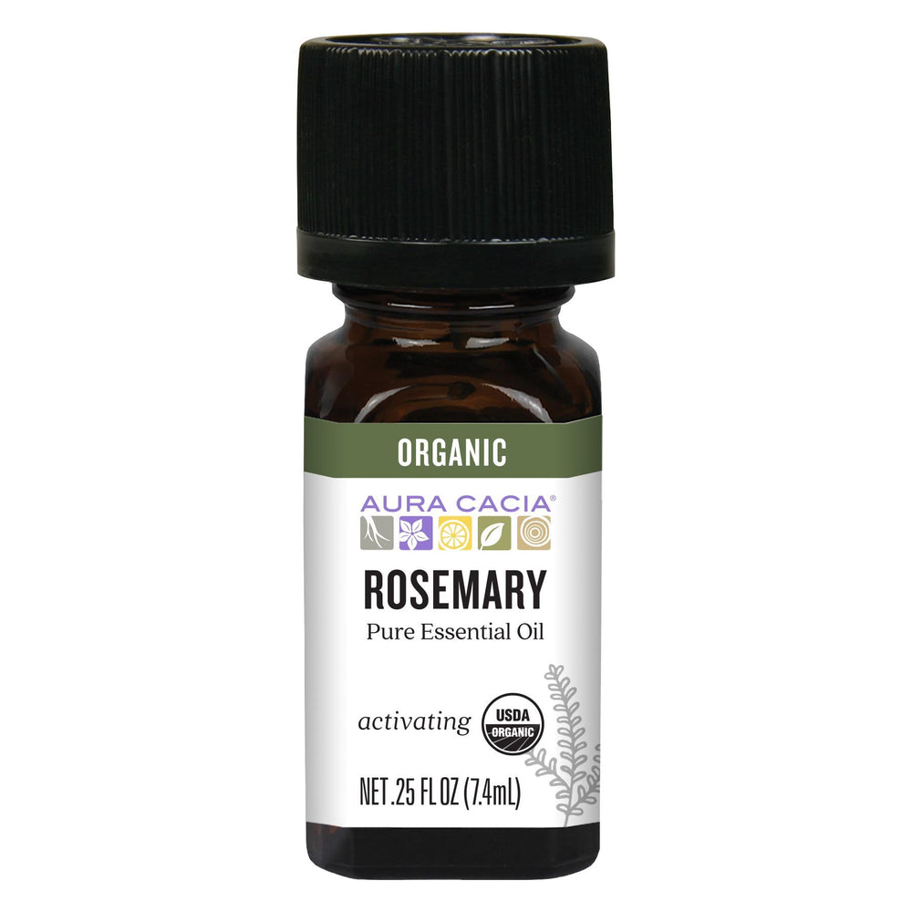 Aura Cacia rosemary essential oil bottle for pure aromatherapy sessions