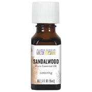 Aura Cacia Sandalwood essential oil bottle with rich, grounding scent for diffusers.