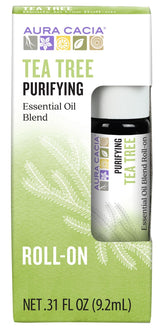 Aura Cacia Tea Tree Roll-On bottle close-up for portable cleansing