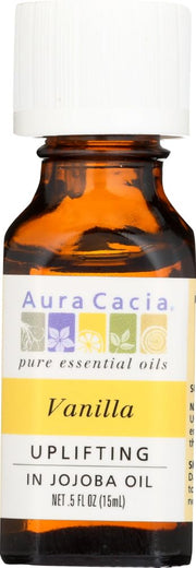 Aura Cacia vanilla with jojoba bottle close-up for aromatic blends.