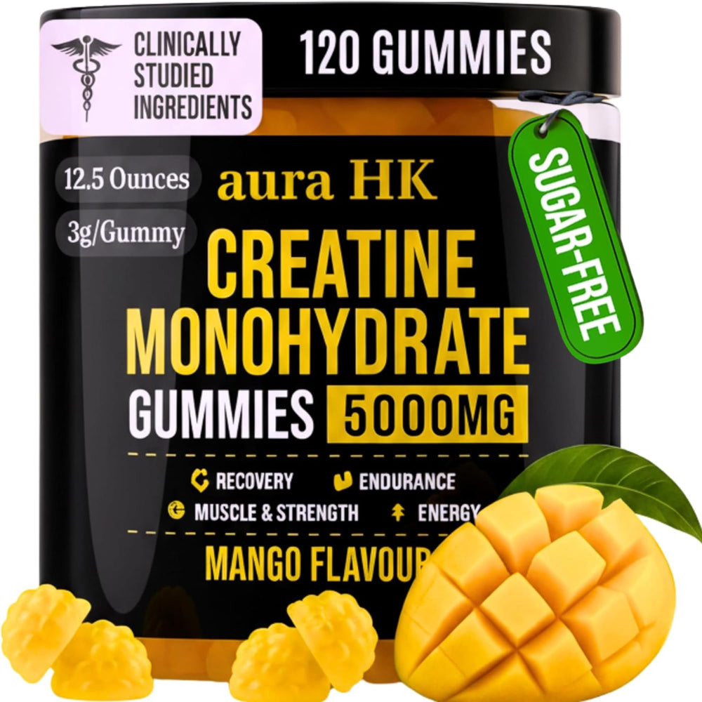 Aura HK Creatine Gummies 5000mg bottle front for convenient gym fueling.