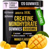 Aura HK Creatine Gummies 5000mg bottle front for convenient gym fueling.