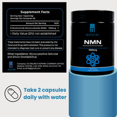 Aura HK NAD+ precursor powder label close-up highlighting purity and serving details.