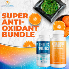 Aura Vitamins Mega Antioxidant Bundle capsules close-up highlighting skin support with collagen and AFA.
