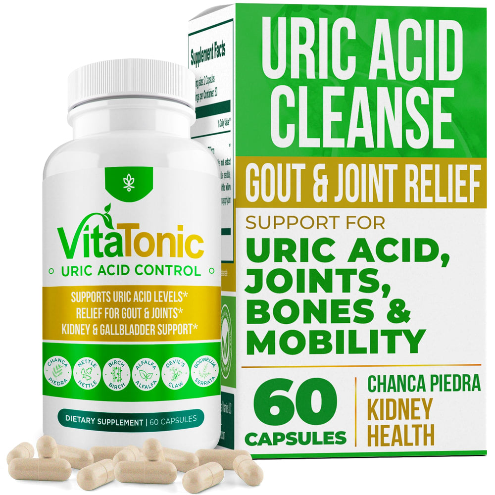 Aura Vitamins Vitatonic uric acid bottle closeup for daily joint support