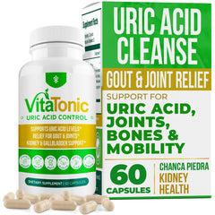 Aura Vitamins Vitatonic uric acid bottle closeup for daily joint support