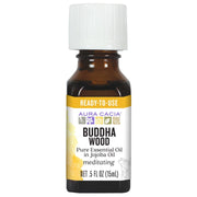 Aura Cacia Buddha Wood in Jojoba Oil bottle ready for easy use anytime.