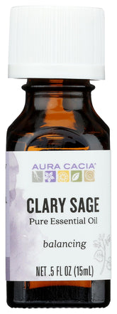 Aura Cacia Clary Sage oil bottle showing a pure aroma for diffusers and blends.