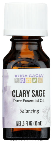 Aura Cacia Clary Sage oil bottle showing a pure aroma for diffusers and blends.