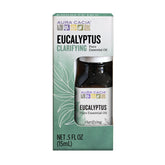 Aura Cacia eucalyptus essential oil bottle in box, ideal for natural diffusing and freshening spaces.