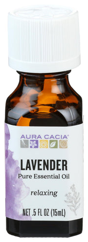 Aura Cacia Lavender Essential Oil bottle front highlights purity and versatile aromatherapy use.