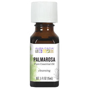 Aura Cacia Palmarosa oil bottle for diffusion and skincare benefits.