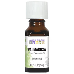 Aura Cacia Palmarosa oil bottle for diffusion and skincare benefits.