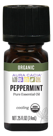 Aura Cacia peppermint oil bottle with fresh, cooling aroma for quick refreshment.
