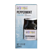 Aura Cacia Peppermint Oil bottle close-up for quick invigoration.