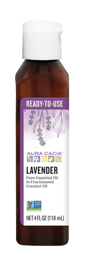 Aura Cacia lavender oil in fractionated coconut oil bottle for easy, ready-to-use applications