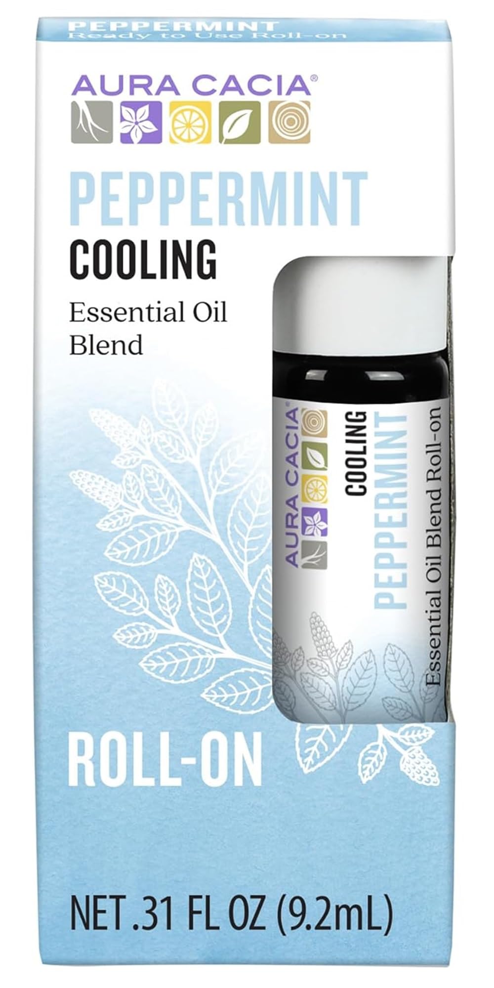 Aura Cacia peppermint roll-on application shows a cool, refreshing touch on temples or wrists.