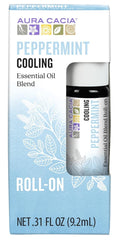 Aura Cacia peppermint roll-on application shows a cool, refreshing touch on temples or wrists.