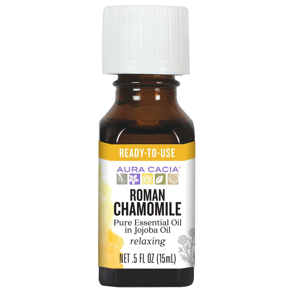 Aura Cacia Roman Chamomile in Jojoba bottle pour for easy, ready-to-use calming routines.