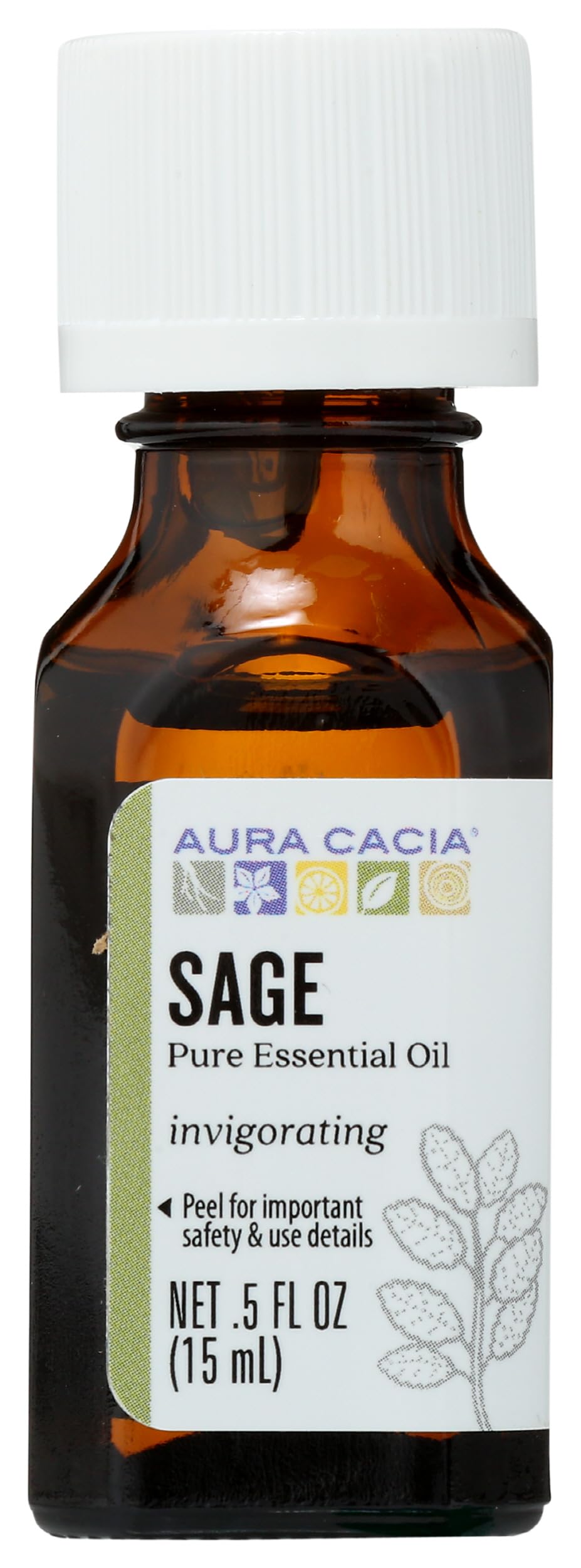 Aura Cacia sage essential oil bottle for aromatic diffusion and mood-enhancing blends.