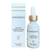 Auraganics cordyceps tincture bottle pour highlights convenient daily energy support