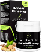 Auragin authentic Korean red ginseng bottle on display, supporting daily energy and focus.