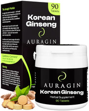 Auragin authentic Korean red ginseng bottle on display, supporting daily energy and focus.