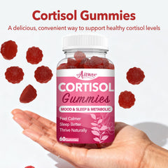 Auranic Cortisol Detox Gummies bottle open, bite-sized stress support on the go.