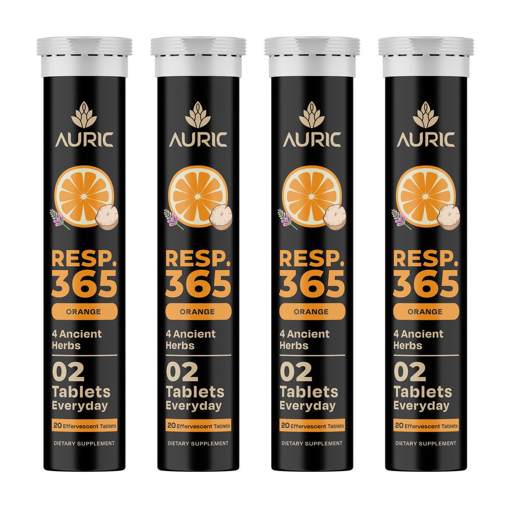 Auric Resp 365 tablets bottle shown, supporting gentle lung wellness for daily use.