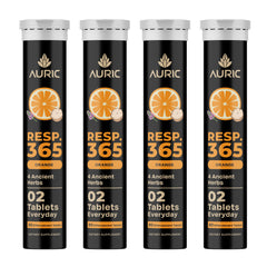 Auric Resp 365 tablets bottle shown, supporting gentle lung wellness for daily use.