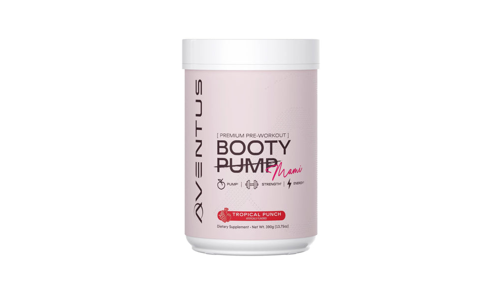Aventus Booty Pump bottle showing premium pre-workout energy and focus