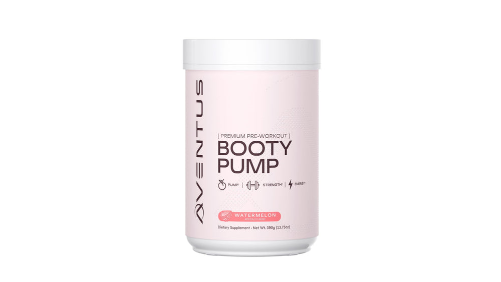 Aventus Booty Pump watermelon tub with label, offers pre-workout energy