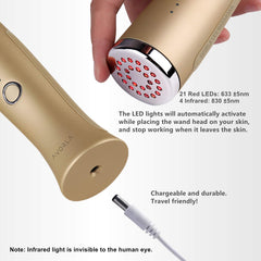 Avorla red-light facial wand in hand-held use, convenient for at-home routines.