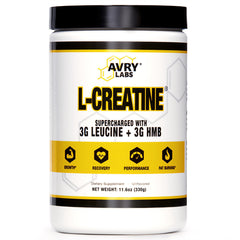 Avry Labs L-Creatine bottle shows premium blend for strength and recovery