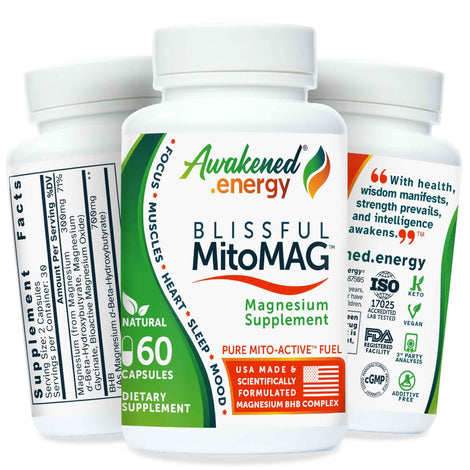 Awakened.energy Blissful MitoMAG bottle showing nightly sleep support packaging
