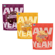 AwYeah Deliciously Different strawberry sizzle cookie close-up showing gluten-free snack with real fruit