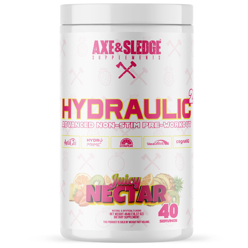 Axe & Sledge Hydraulic tub front view, stimulant-free pre-workout for steady focus.