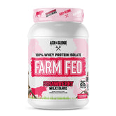 Axe & Sledge Farm Fed tub front highlights premium whey protein isolate for lean muscle support.