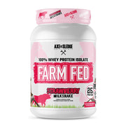 Axe & Sledge Farm Fed tub front highlights premium whey protein isolate for lean muscle support.