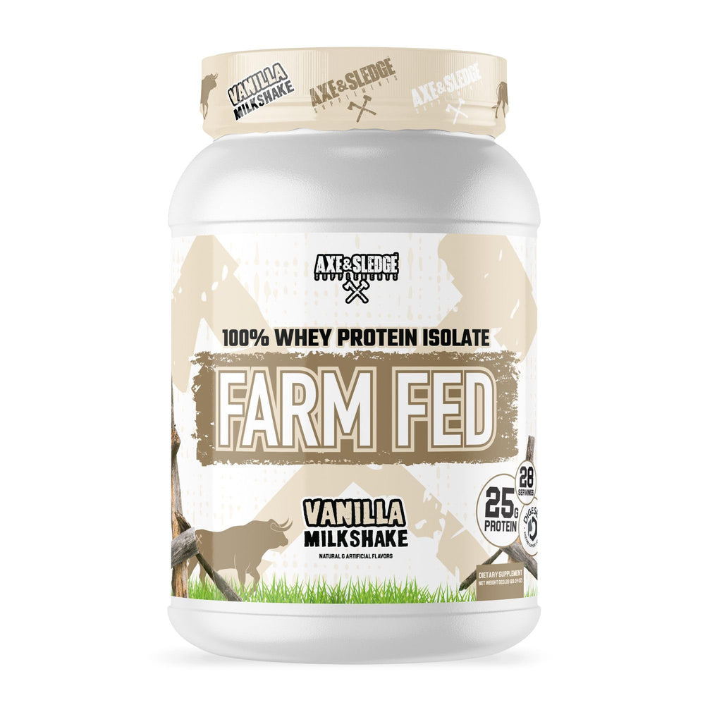 Axe & Sledge Farm Fed vanilla milkshake bottle highlights pure protein for lean muscle support.