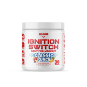 Axe & Sledge Ignition Switch tub label closeup showing steady energy for workouts.