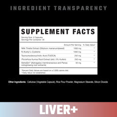 Liver+ label closeup highlighting NAC, TUDCA, and milk thistle ingredients.
