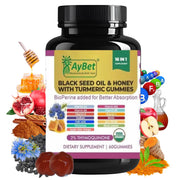 AyBet Black Seed Oil Gummies bottle shows immune support and antioxidant blend.