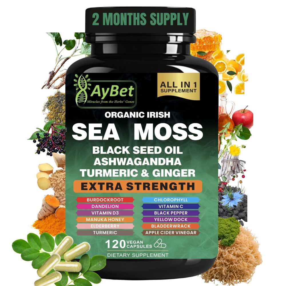 AyBet Organic Irish Sea Moss bottle for daily wellness support.